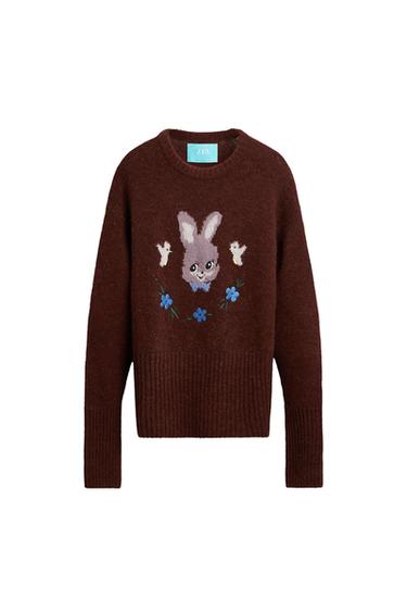 Front view of brown jumper with rabbit and blue flower print.