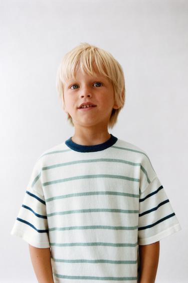 Zara STRIPED KNIT T-SHIRT - Green / Blue