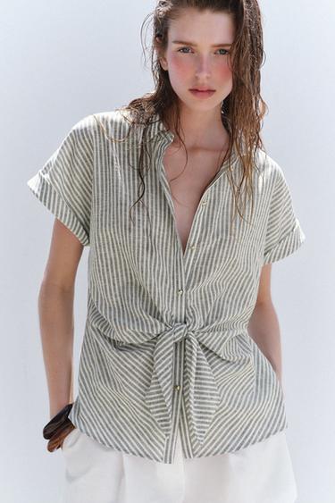 CHEMISE À RAYURES NŒUD AVEC LIN - Vert / Écru de Zara - Image 1