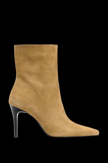 Zara SPLIT LEATHER STILETTO HEEL ANKLE BOOTS - Beige