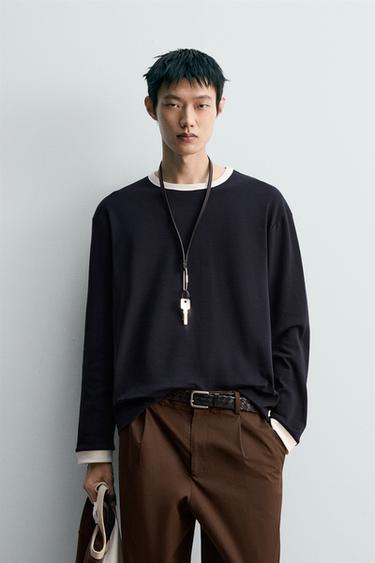 Zara 撞色羅紋長袖 T 恤 - 海藍色