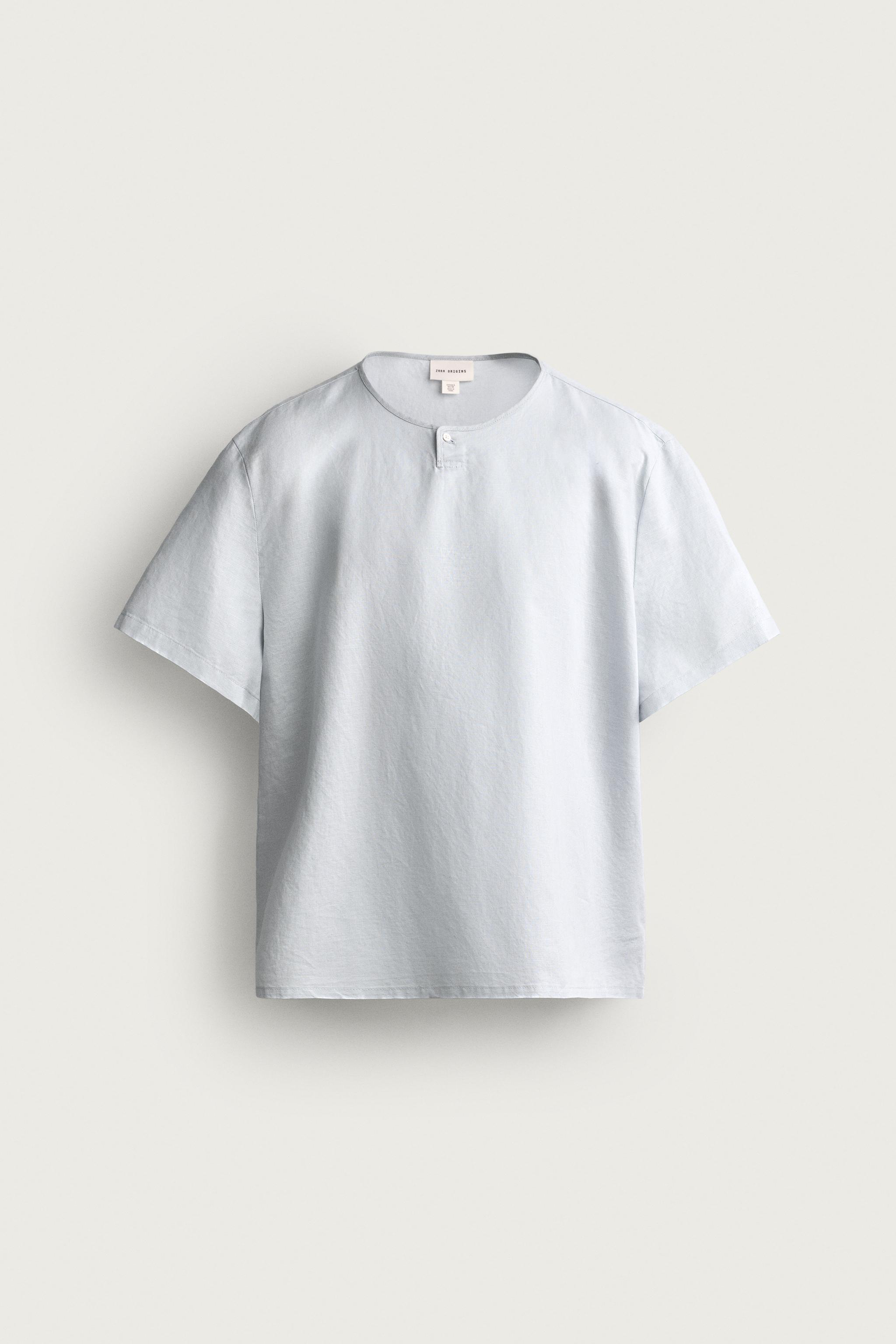 HEMP AND COTTON HENLEY SHIRT — Light sky blue