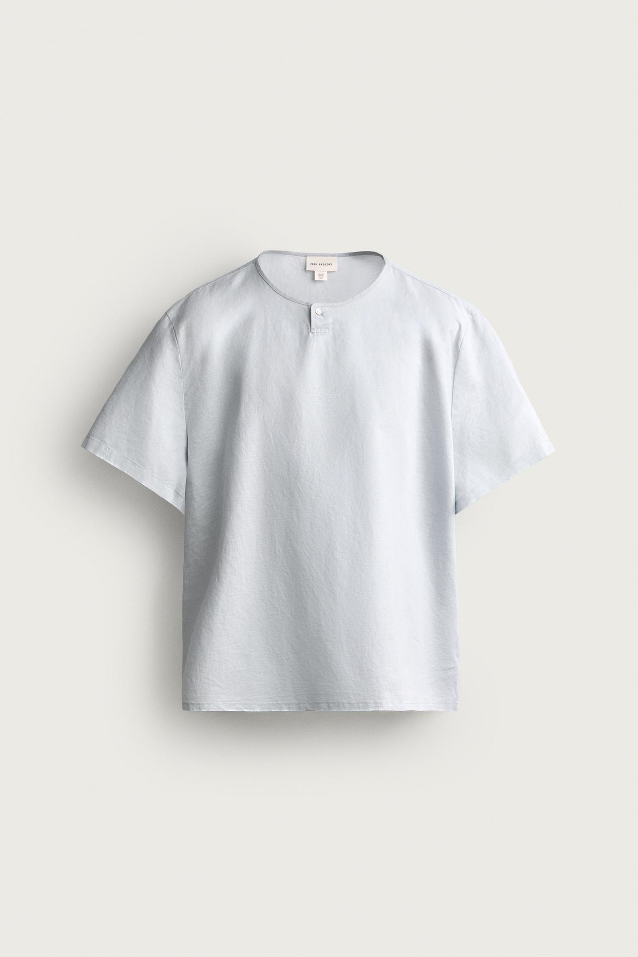 HEMP AND COTTON HENLEY SHIRT — Light sky blue