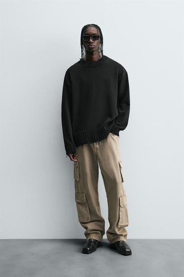 Zara TEXTURED RIPPED SWEATER - Black - Image 0