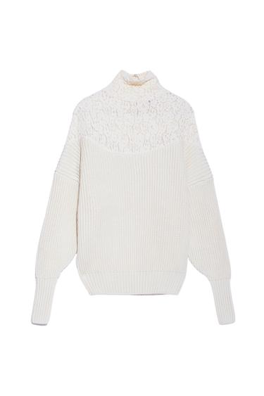 RIBBED SWEATER WITH LACE TRIM
