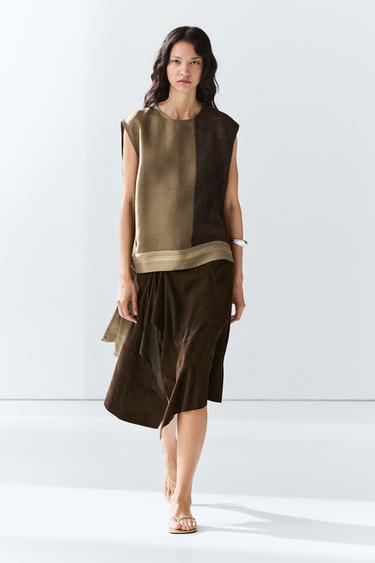 Zara Linen-blend color-block flowing top - Brown - Image 0