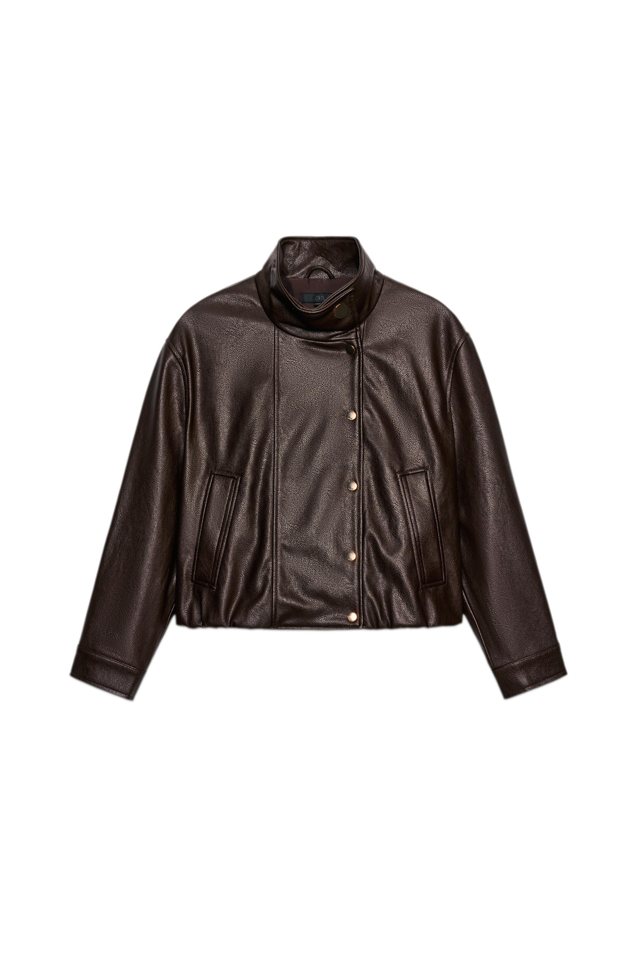 ハイネックフェイクレザーボンバージャケット - ブラウン | ZARA Japan