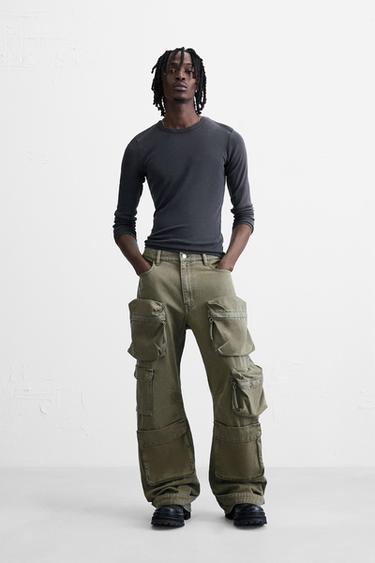 Zara DENIM CARGO PANTS WITH POCKETS - Green