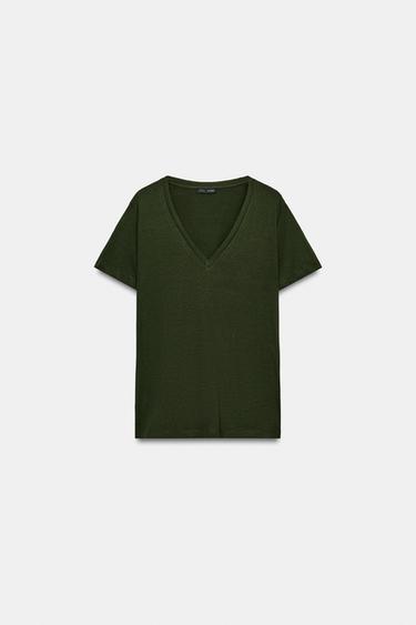 CAMISETA ESCOTE PICO FLUIDA - Khaki de Zara