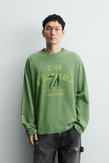 CAMISETA LAVADA TEXTOS  - Verde claro de Zara