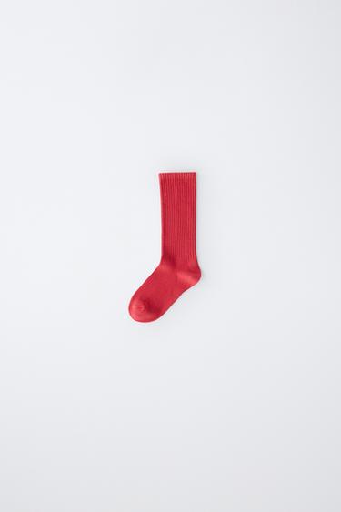 LONG PLAIN RIBBED SOCKS - Red by Zara