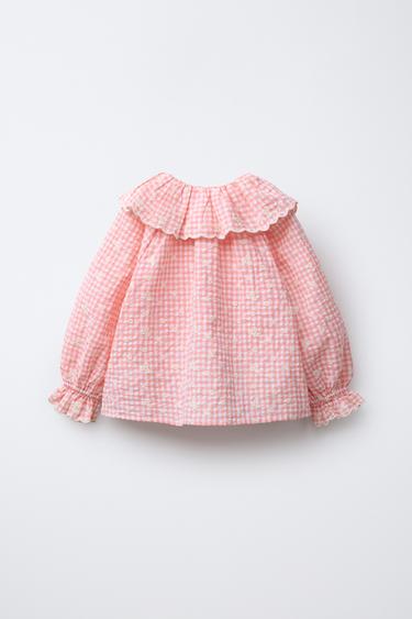BLOUSE À CARREAUX VICHY ET FLEURS BRODÉES - Rose clair de Zara - Image 1