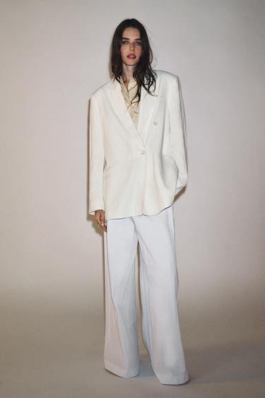 Zara ZW COLLECTION LINEN BLEND DOUBLE BREASTED BLAZER - Ecru