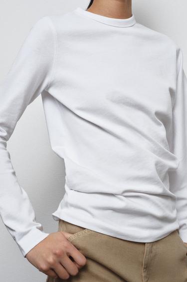 ASYMMETRIC LONG SLEEVE T-SHIRT - White by Zara - Image 3