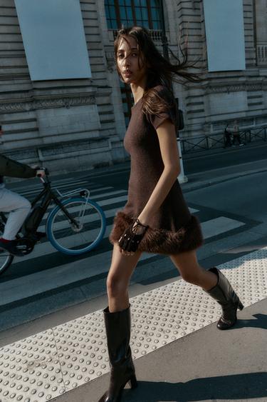 KNIT DRESS WITH FAUX FUR DETAIL - Brown by Zara