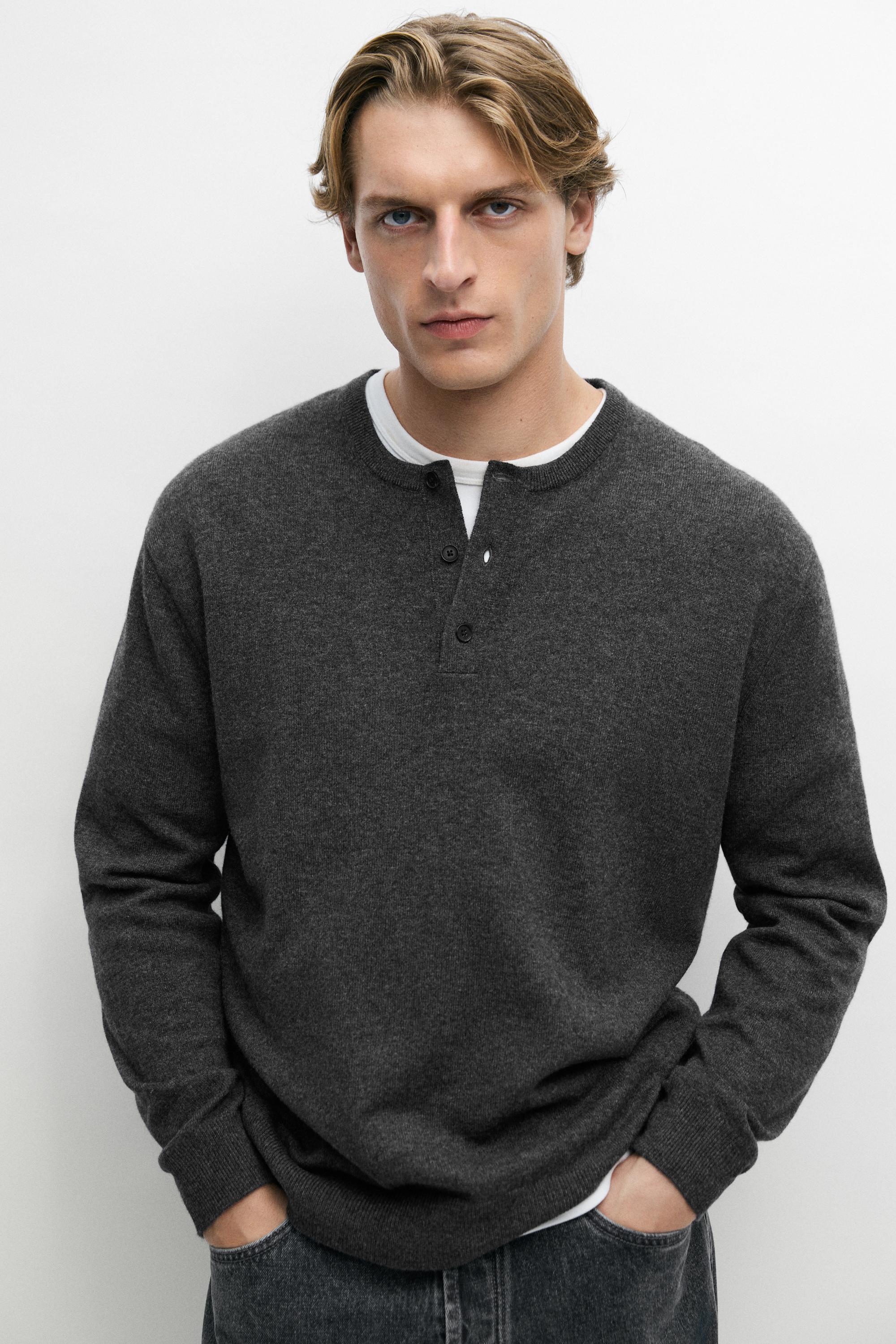 Wool-blend knit henley neck sweater