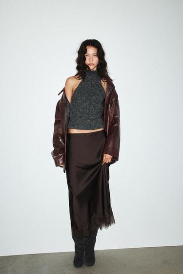 LACE SATIN MIDI SKIRT - Chocolate brown by Zara