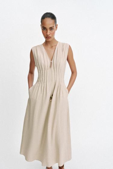 MIDI LINEN BLEND DRESS WITH TUCKS - Light beige by Zara - Image 1