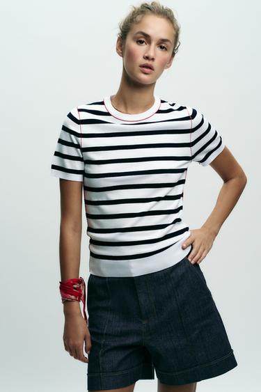 SHORT SLEEVE KNIT TOP WITH PIPED TRIMS - striped by Zara
