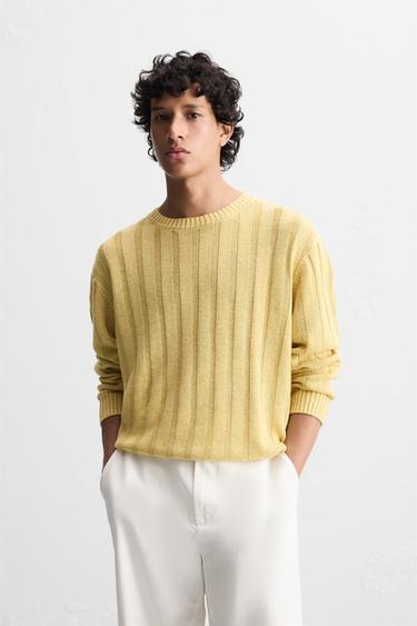 Zara 100% LINEN RIBBED SWEATER - Yellow