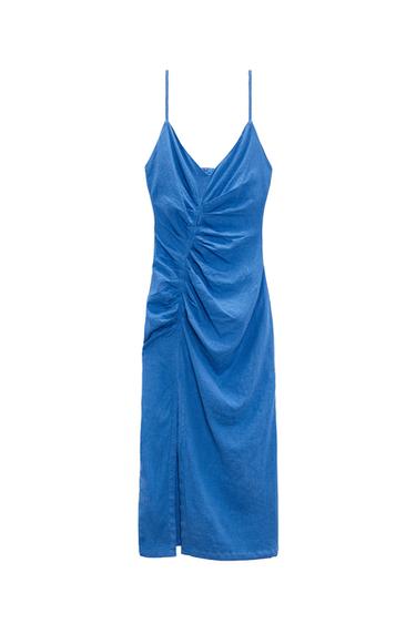 VESTIDO MIDI CON LINO FRUNCES