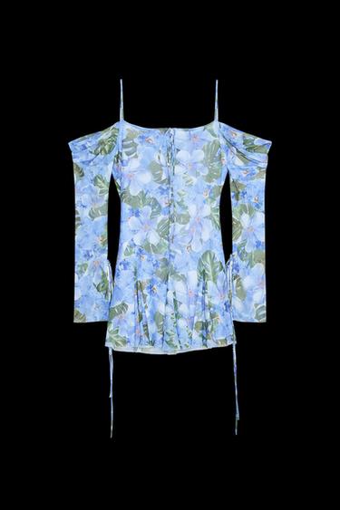 VESTIDO TUL ESTAMPADO FLORES - Morados de Zara - Imagen 0