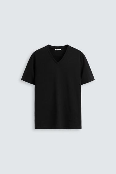Zara BASIC V-NECK T-SHIRT - Black