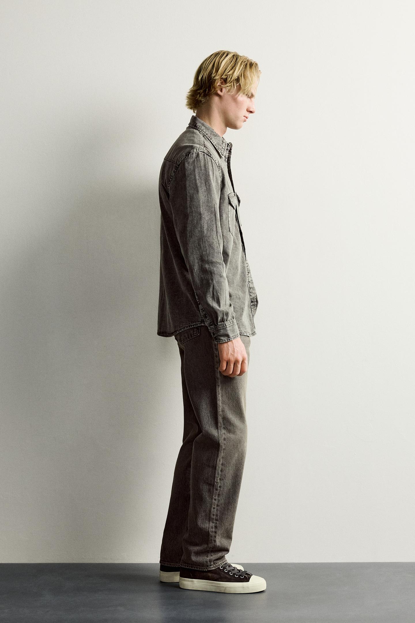 Мужская рубашка Zara Regular Fit Denim Western, цвет: Угольный — фото 4