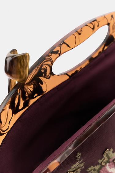 FLORAL EMBROIDERED BAG WITH TORTOISESHELL HANDLE - Aubergine by Zara - Image 6