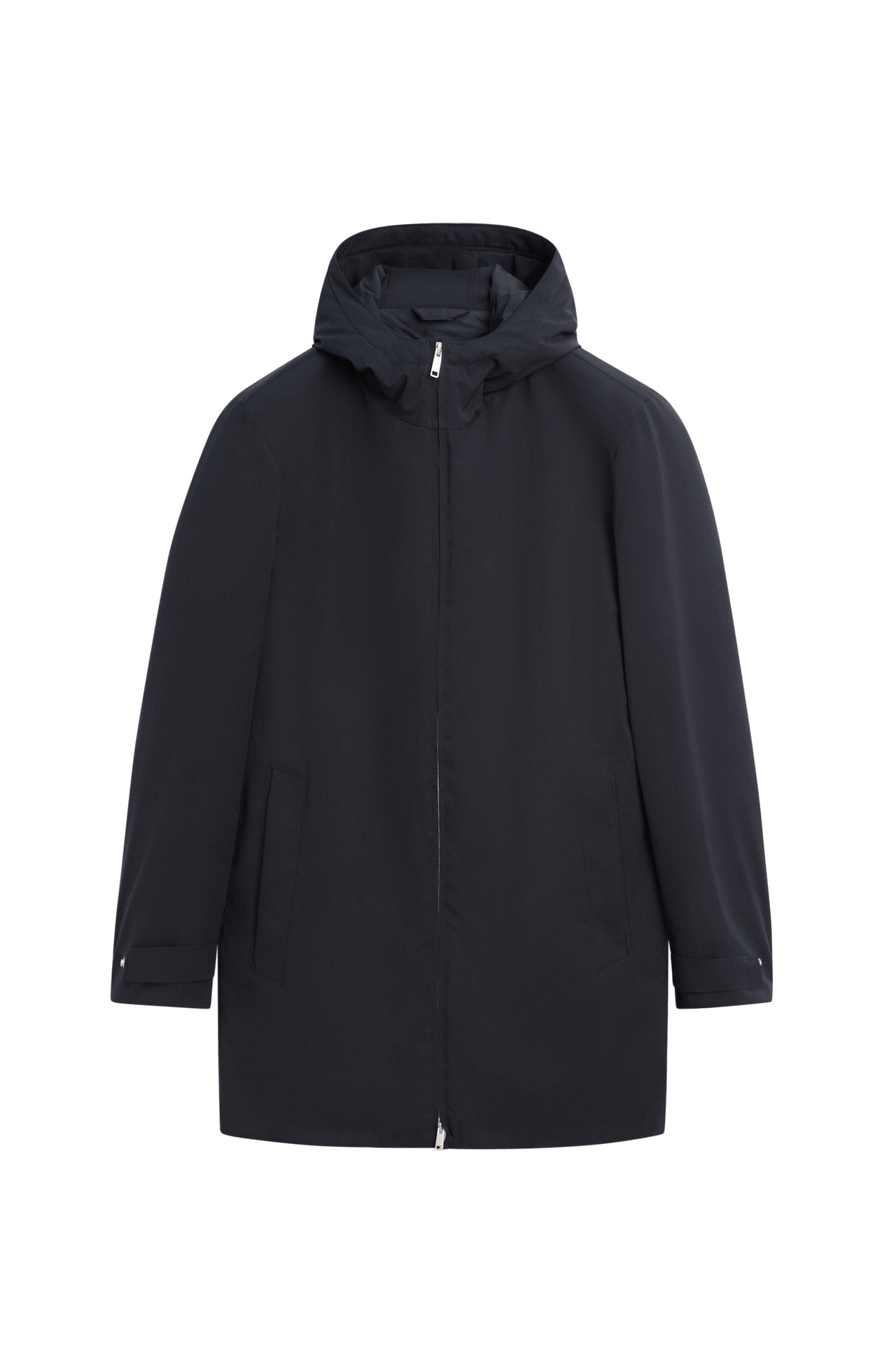 Long quilted hooded parka — Navy blue