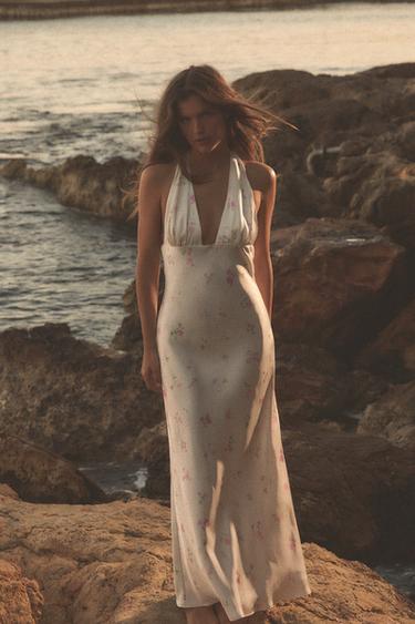 SATIININEN KUKKAPRINTTIMIDIMEKKO - Valkoinen/vaaleanpunainen Zaralta