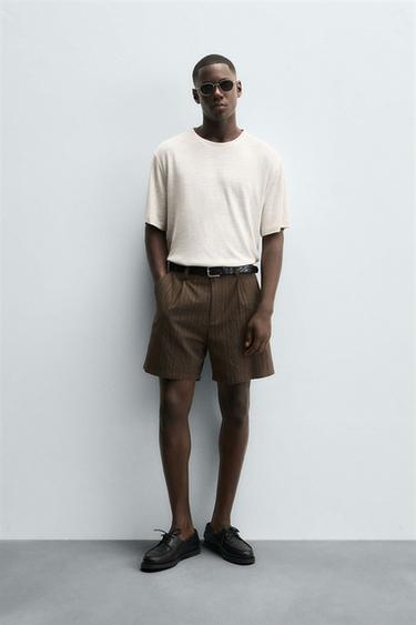 Zara HEMP-VISCOSE STRIPED T-SHIRT - Ecru / Beige
