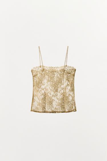 TOP EN DENTELLE AVEC FIL MÉTALLISÉ - Doré de Zara - Image 3