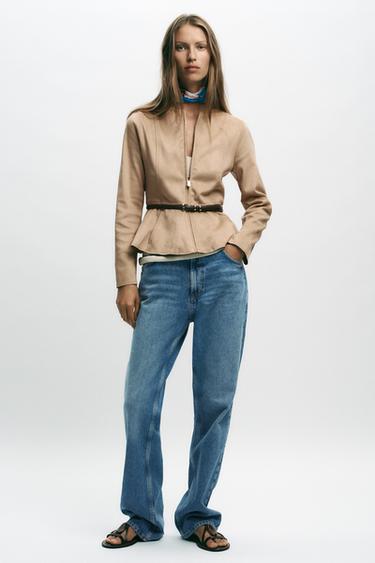 Zara FAUX SUEDE BELTED PEPLUM JACKET - taupe brown