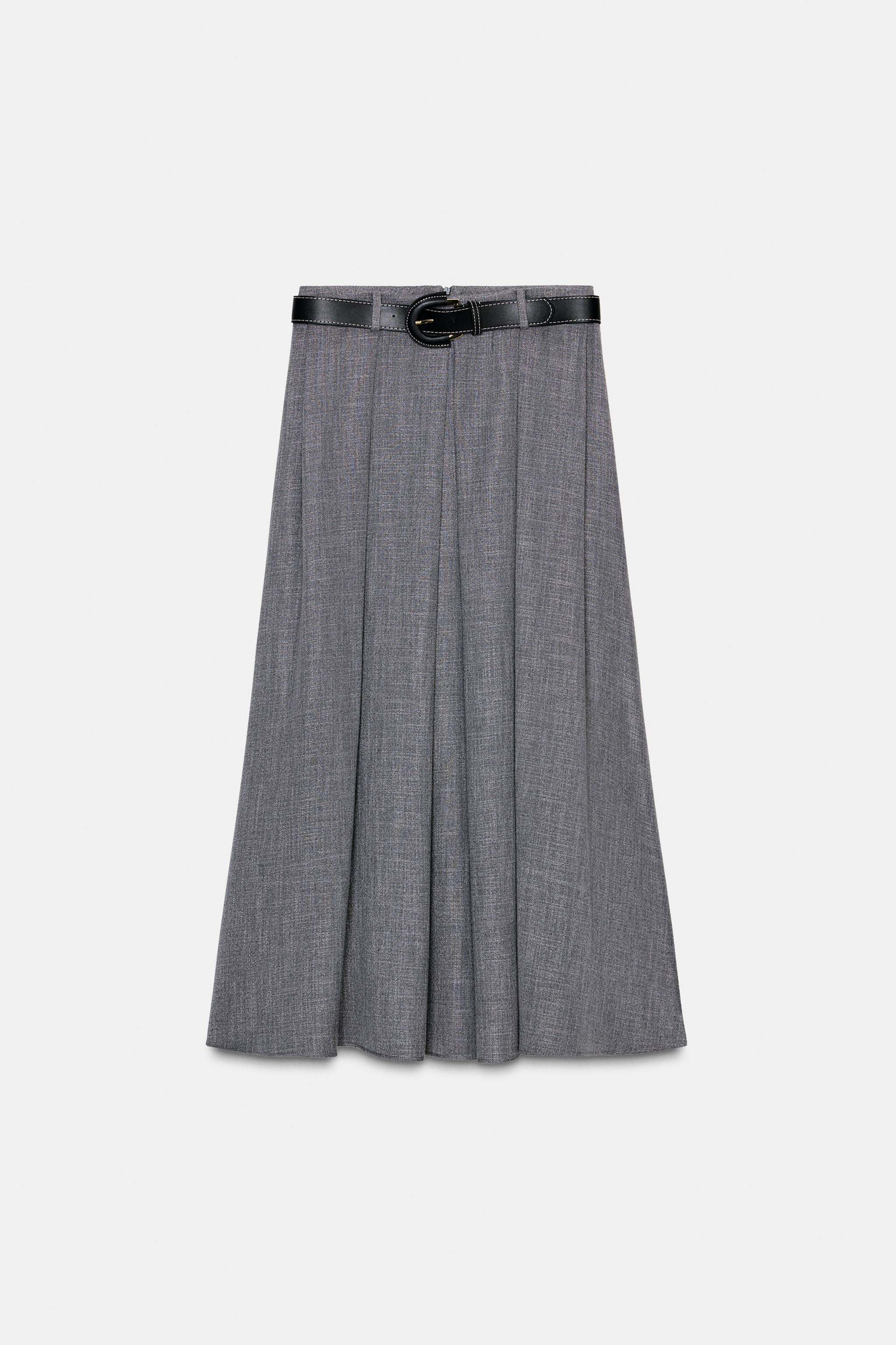 PLEATED BELTED MIDI SKIRT