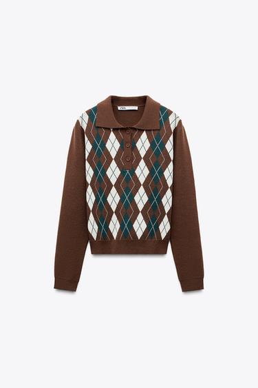 PULL POLO EN MAILLE À LOSANGES - Marron de Zara