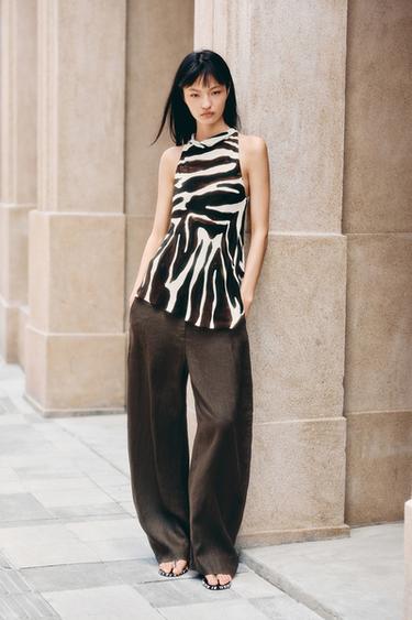 Zara 100% 亞麻氣球褲 ZW 系列 - 棕色 - 圖片 0