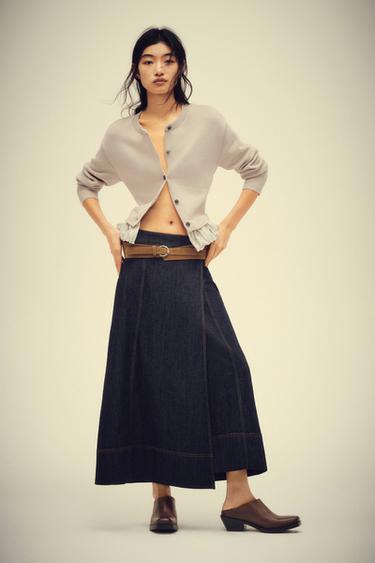 Zara Z1975系列繫帶中長版牛仔裙 - 藍色