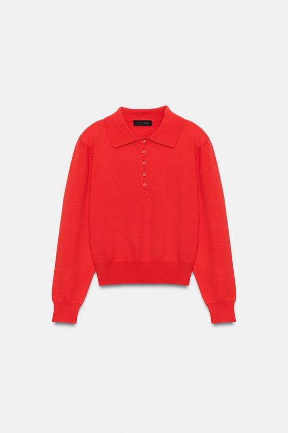 KNIT POLO JUMPER WITH SHOULDER PADS - Red / Orange by Zara - Image 6