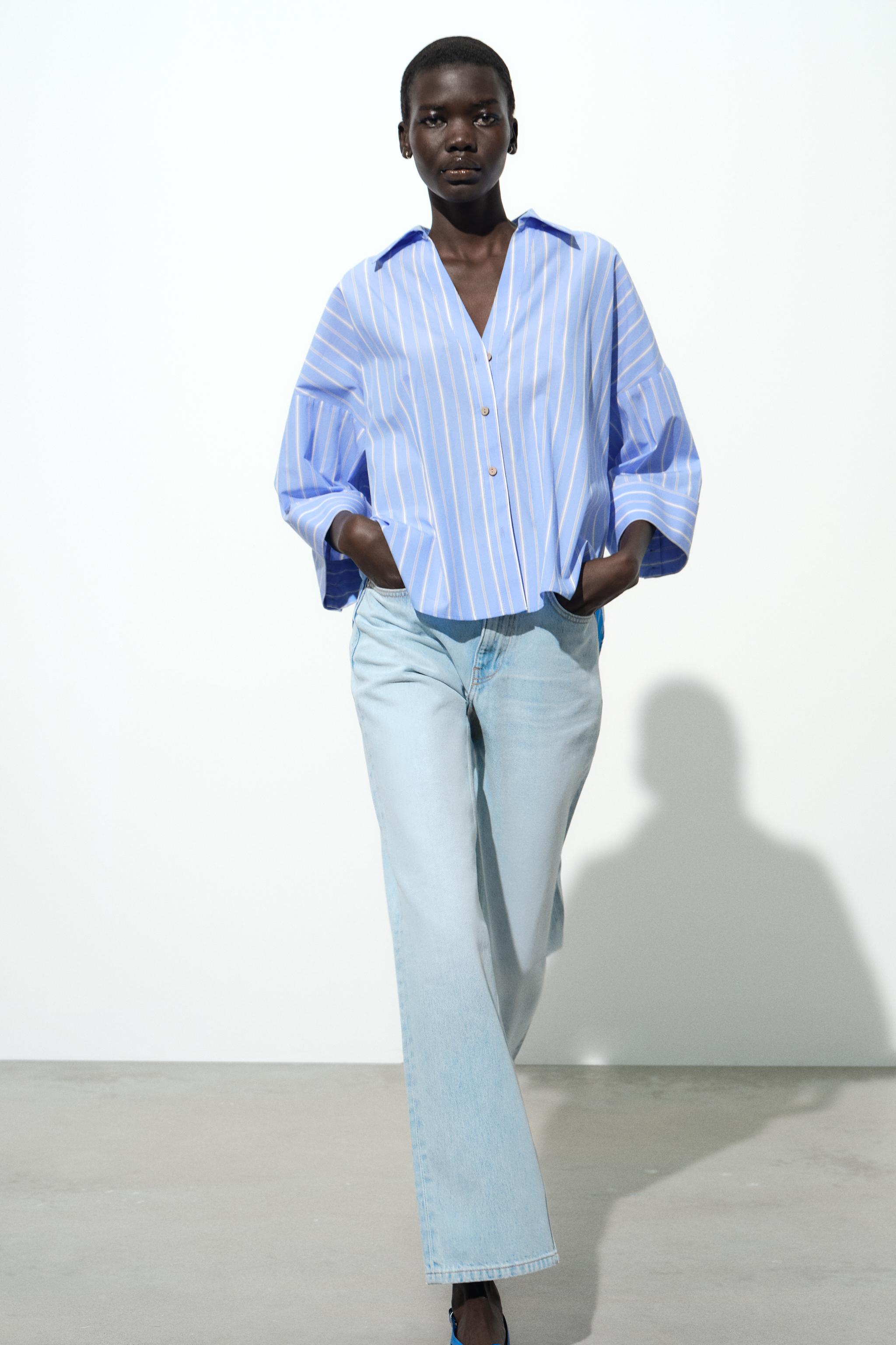 STRIPED SHIRT WITH WIDE METALLIC THREAD SLEEVES - Striped