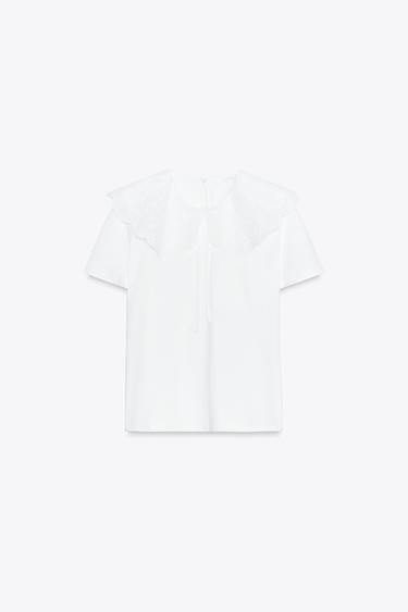Zara EMBROIDERED PETER PAN COLLAR T-SHIRT - White