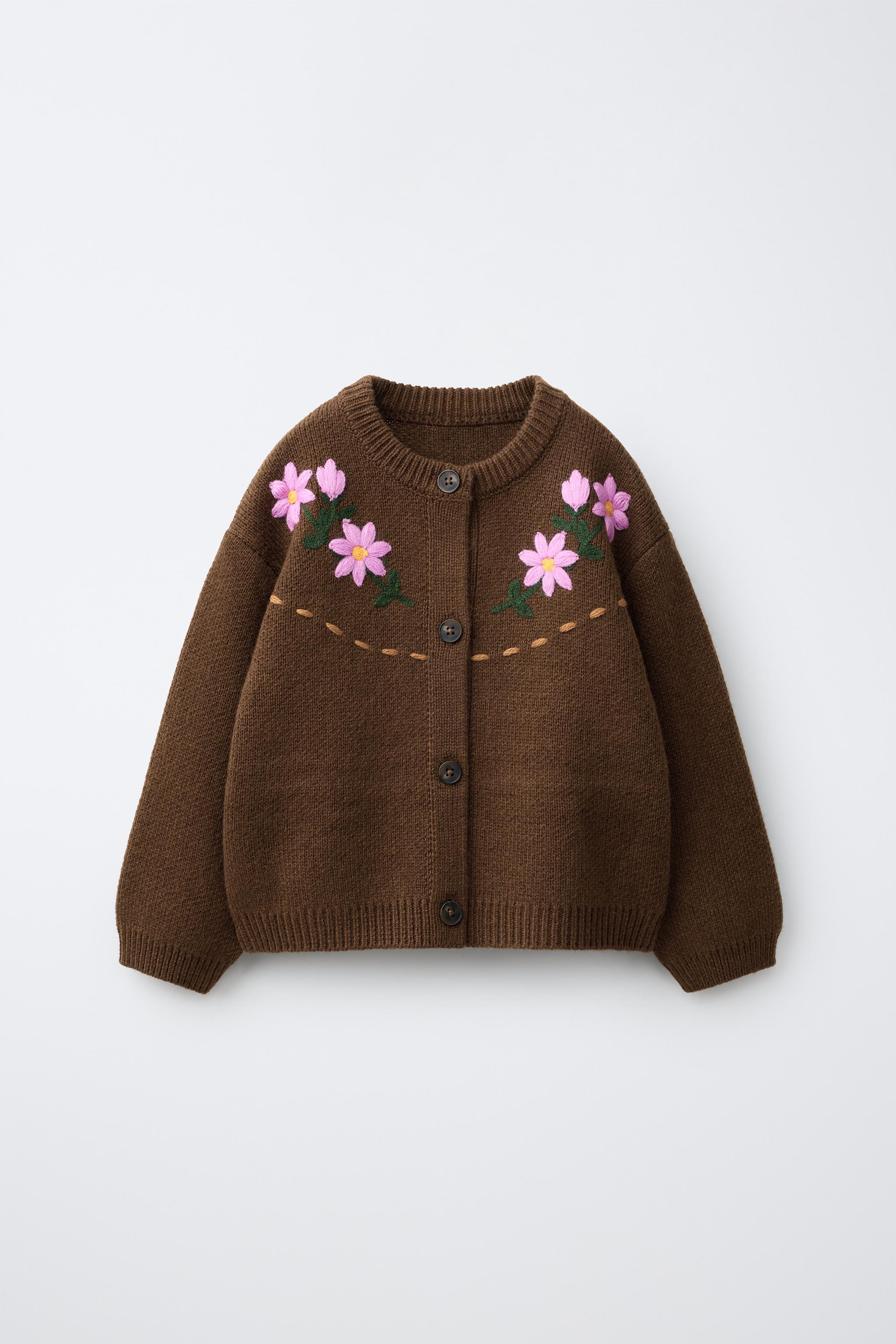 ウール混フラワー刺繍ニットカーディガン - ブラウン | ZARA Japan / 日本