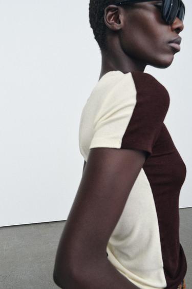 SHORT SLEEVE CONTRAST T-SHIRT - Beige-brown by Zara