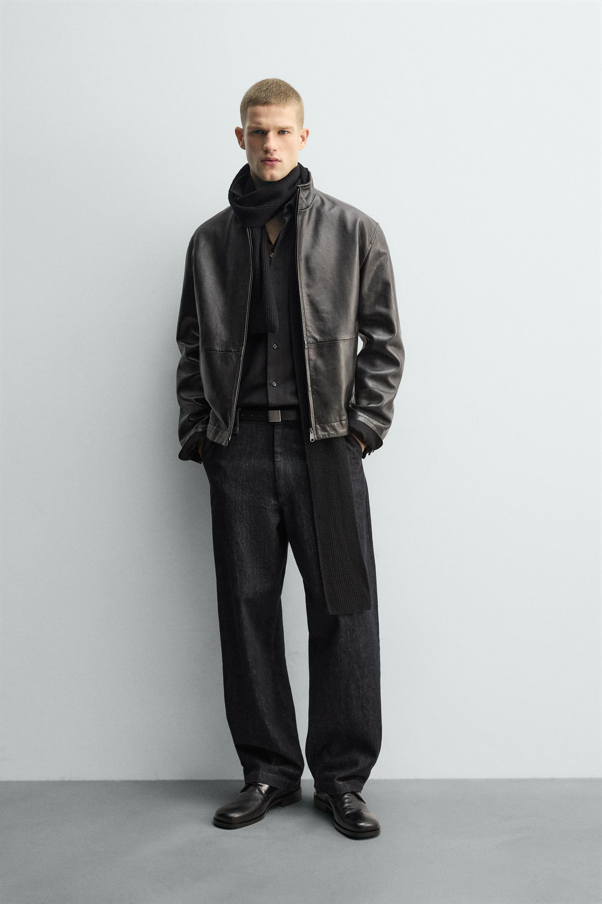 ZARA ブラックレザージャケット XL RELAXED FIT LEATHER JACKET - Black | ZARA New Zealand