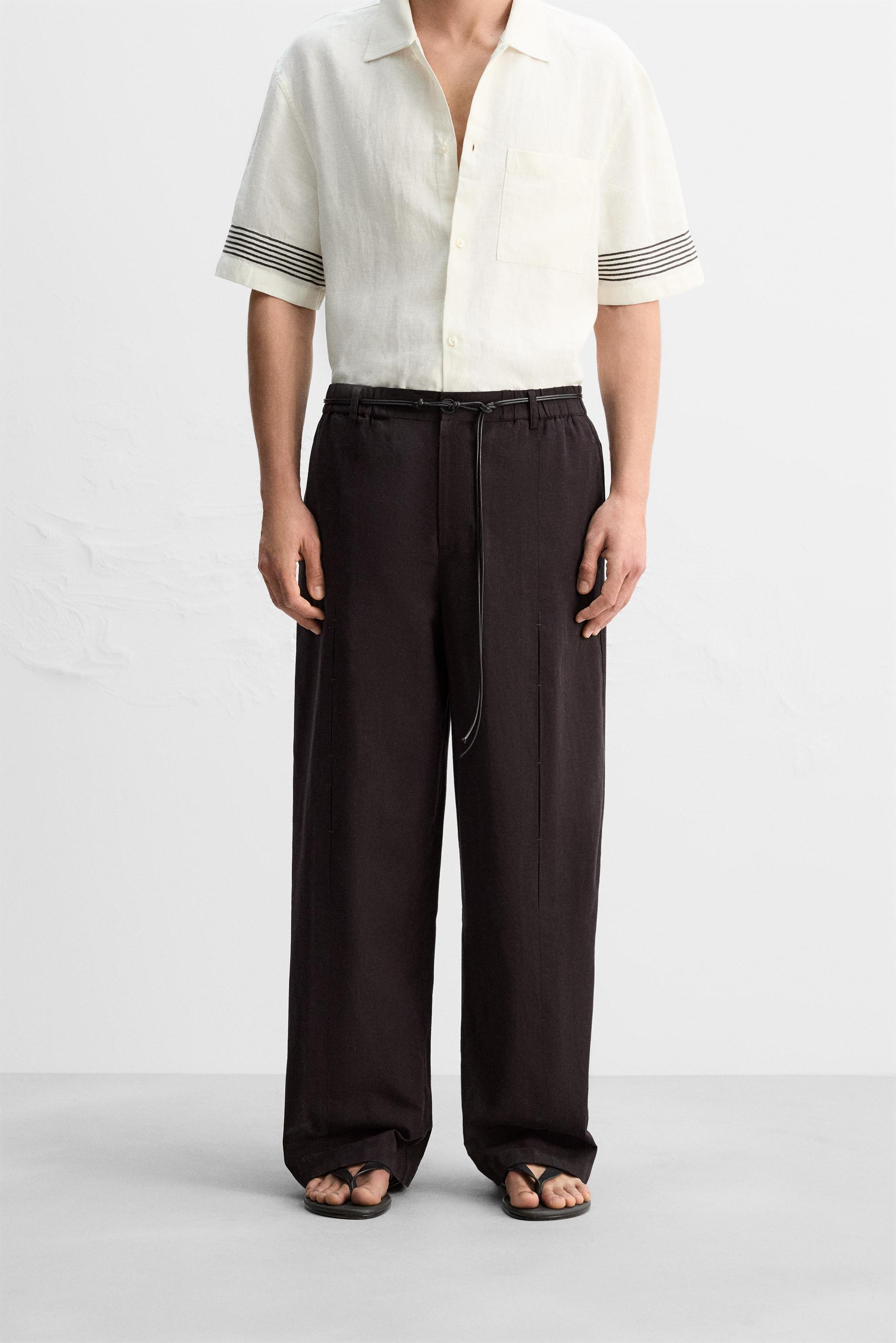 PANTALON EN COTON ET LIN À PLIS