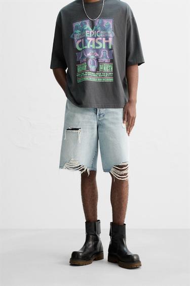 BERMUDA DENIM BAGGY FIT ROTOS - Azul medio de Zara