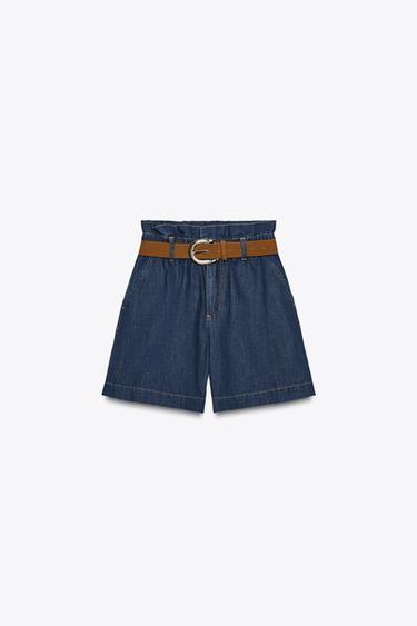 Zara BELTED PAPER BAG SHORTS - Indigo