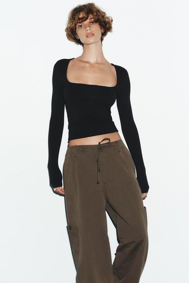 Zara RIBBED SQUARE NECK TOP - Black