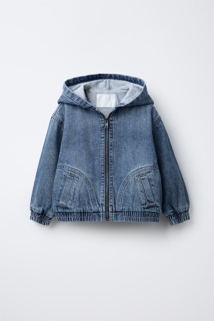 VESTE EN DENIM À CAPUCHE Bleu moyen ZARA France - Main Image