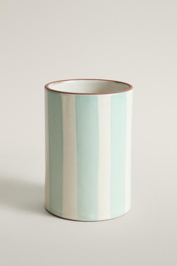 Zara STRIPED CERAMIC TOOTHBRUSH TUMBLER - Blue / White - Image 0